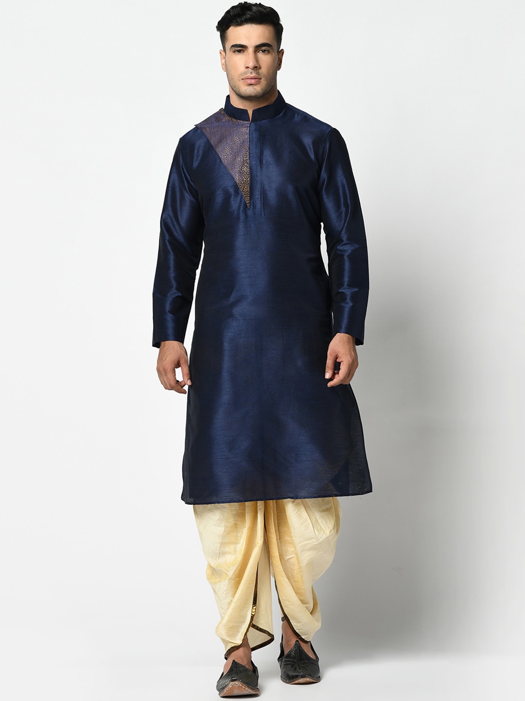 

DEYANN Men Navy Blue Angrakha Dupion Silk Kurta with Dhoti Pants