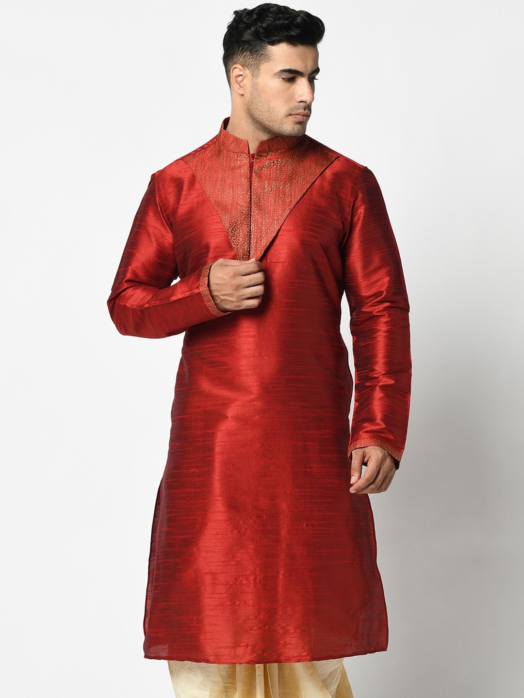 

DEYANN Men Red Dupion Silk Kurta with Dhoti Pants