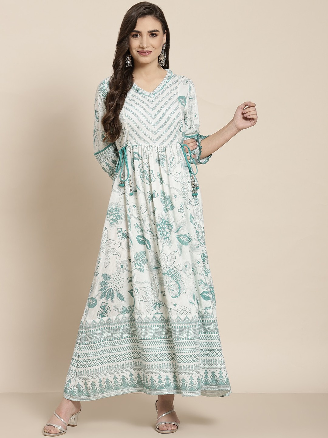 

Juniper Women Teal & White Ethnic Motifs Printed Flared Sleeves Anarkali Kurta