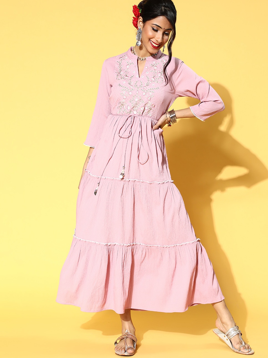 

Juniper Women Pink Floral Embroidered Crepe Anarkali Kurta