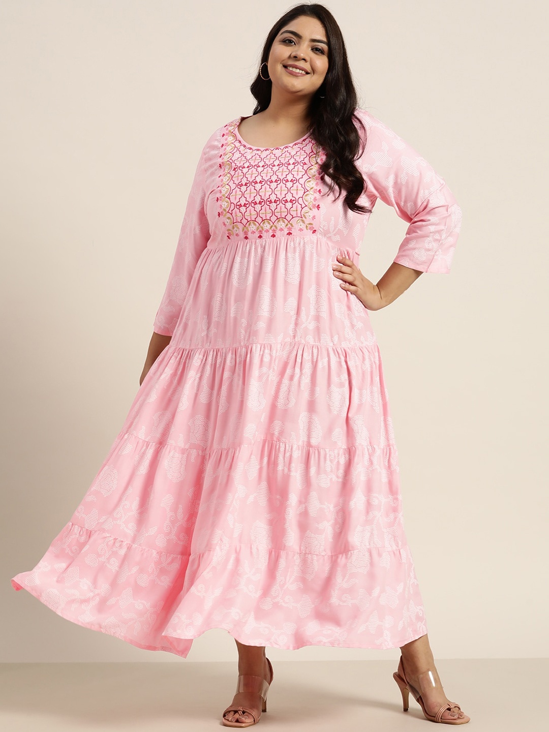 

Juniper Women Pink & White Embroidered & Printed Anarkali Kurta