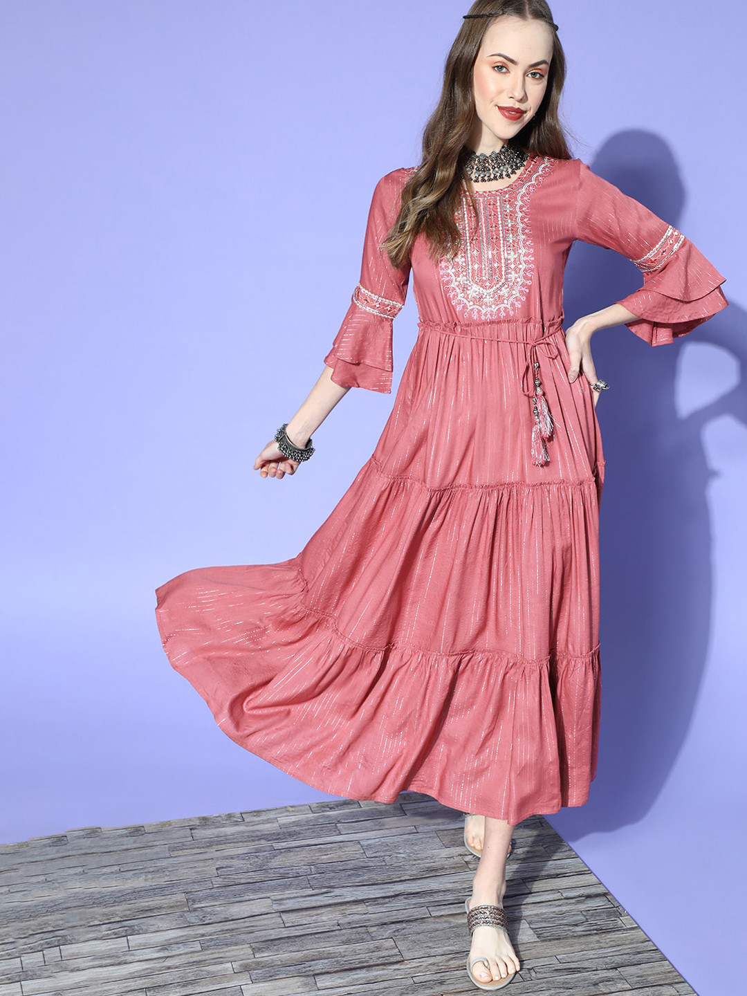 

Juniper Rose Ethnic Motifs Embroidered Tiered Ethnic Midi Dress