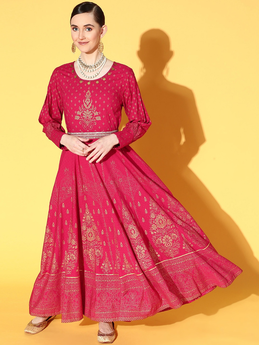 

Juniper Women Fuchsia & Golden Ethnic Motifs Printed Anarkali Kurta