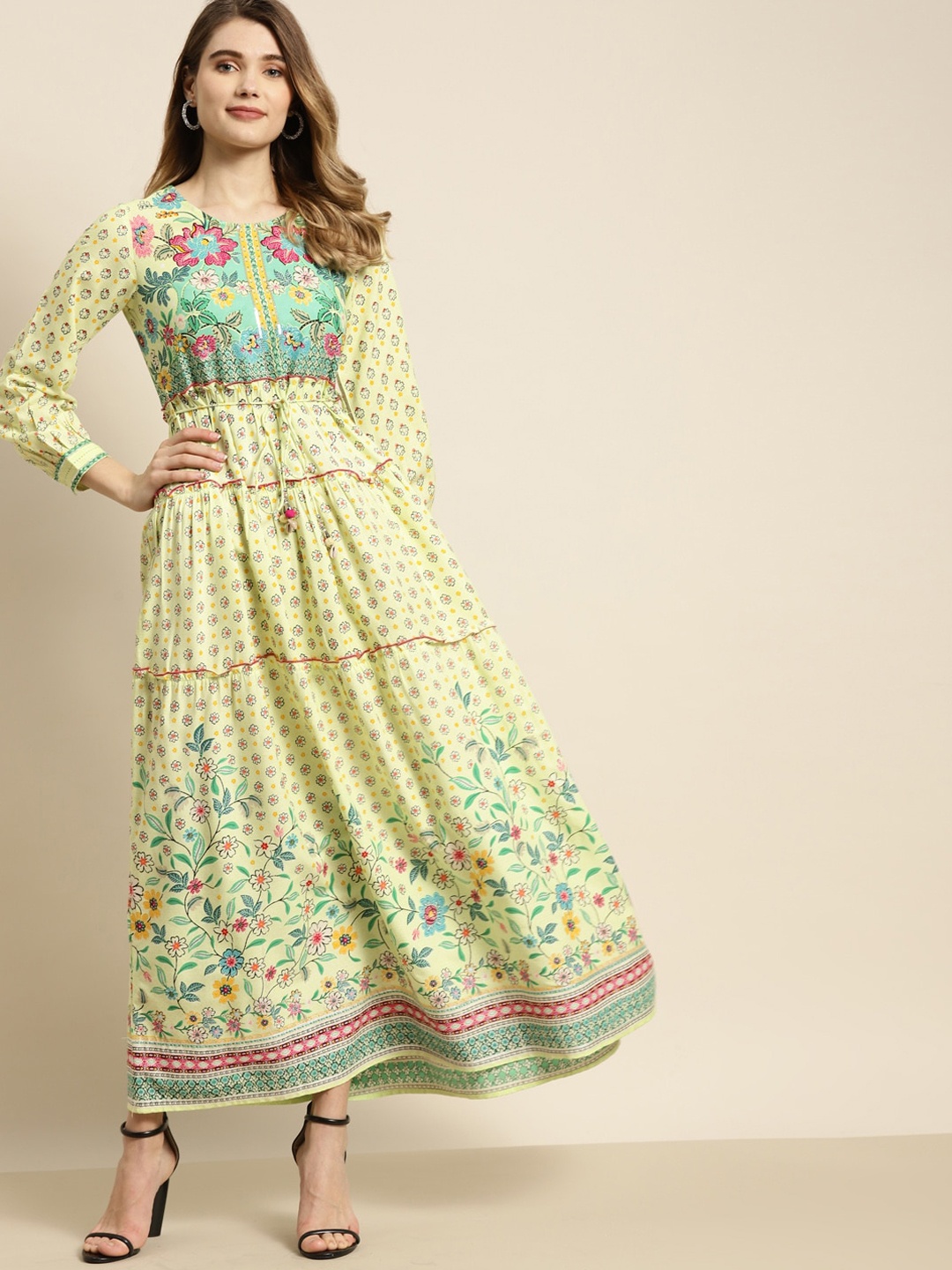 

Juniper Floral Printed Ethnic A-Line Tiered Dress with Tie-up Dori, Yellow