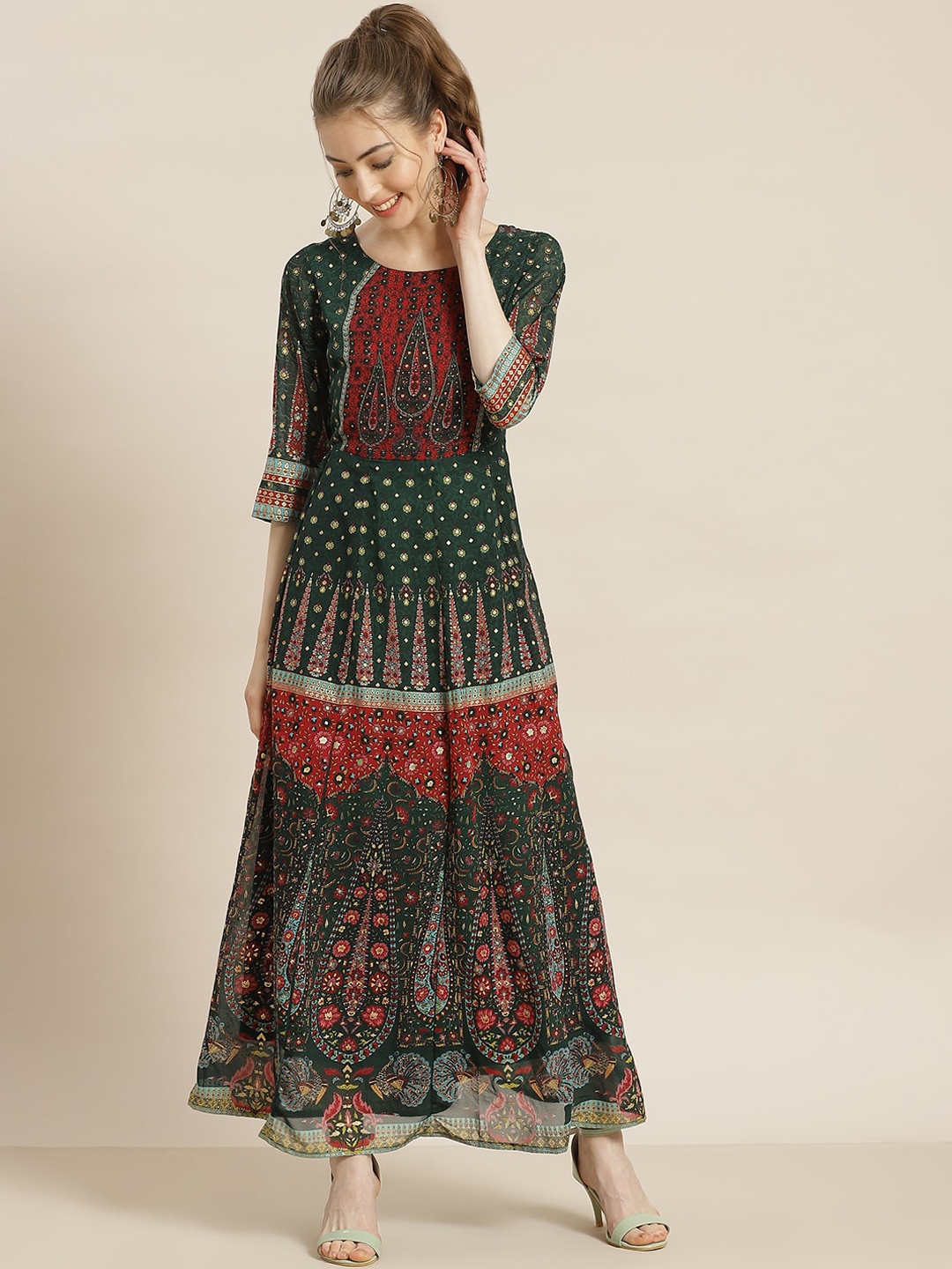 

Juniper Women Green & Red Ethnic Motifs Printed Georgette Anarkali Kurta