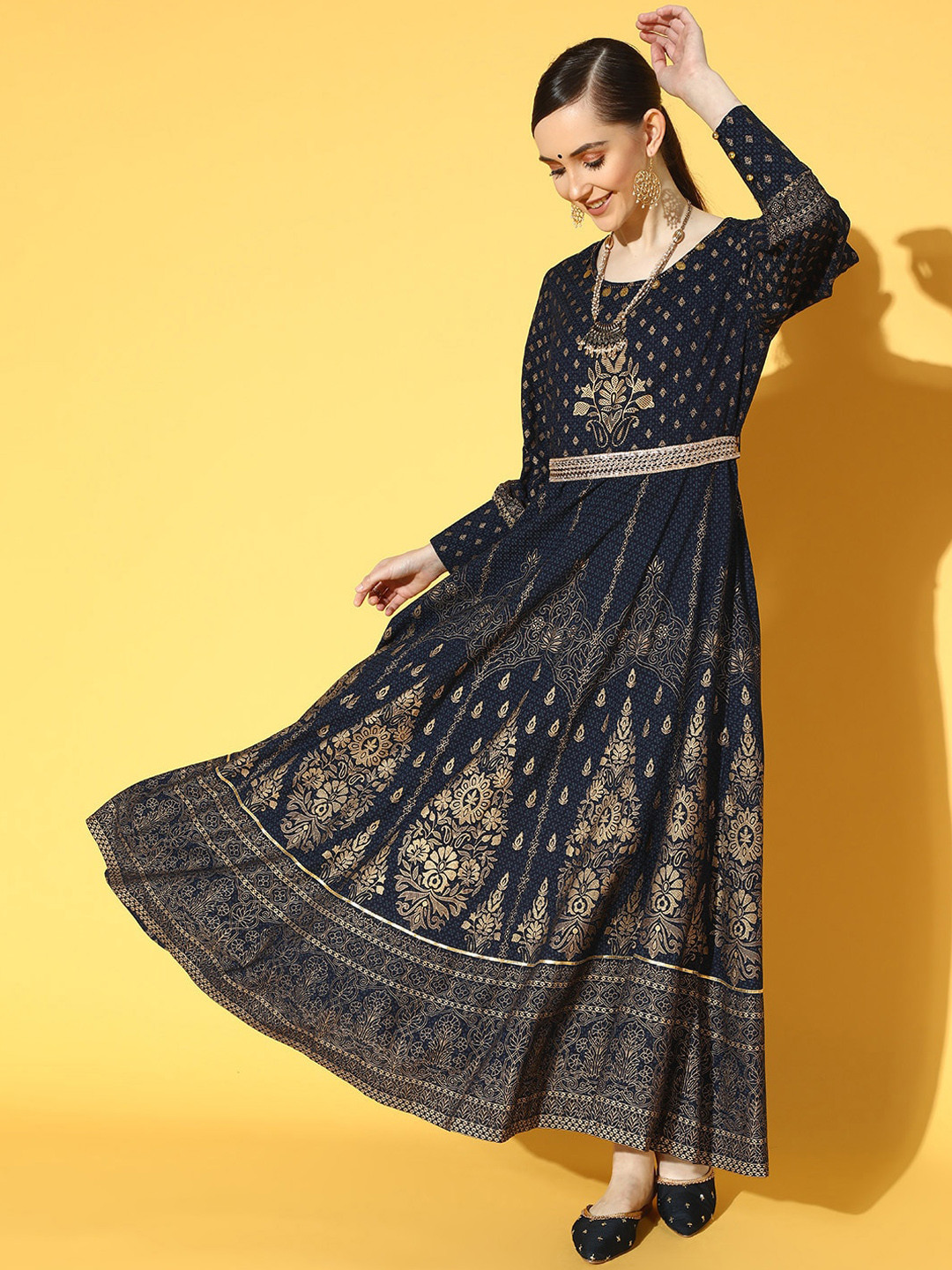 

Juniper Women Navy Blue Ethnic Motifs Printed Anarkali Kurta