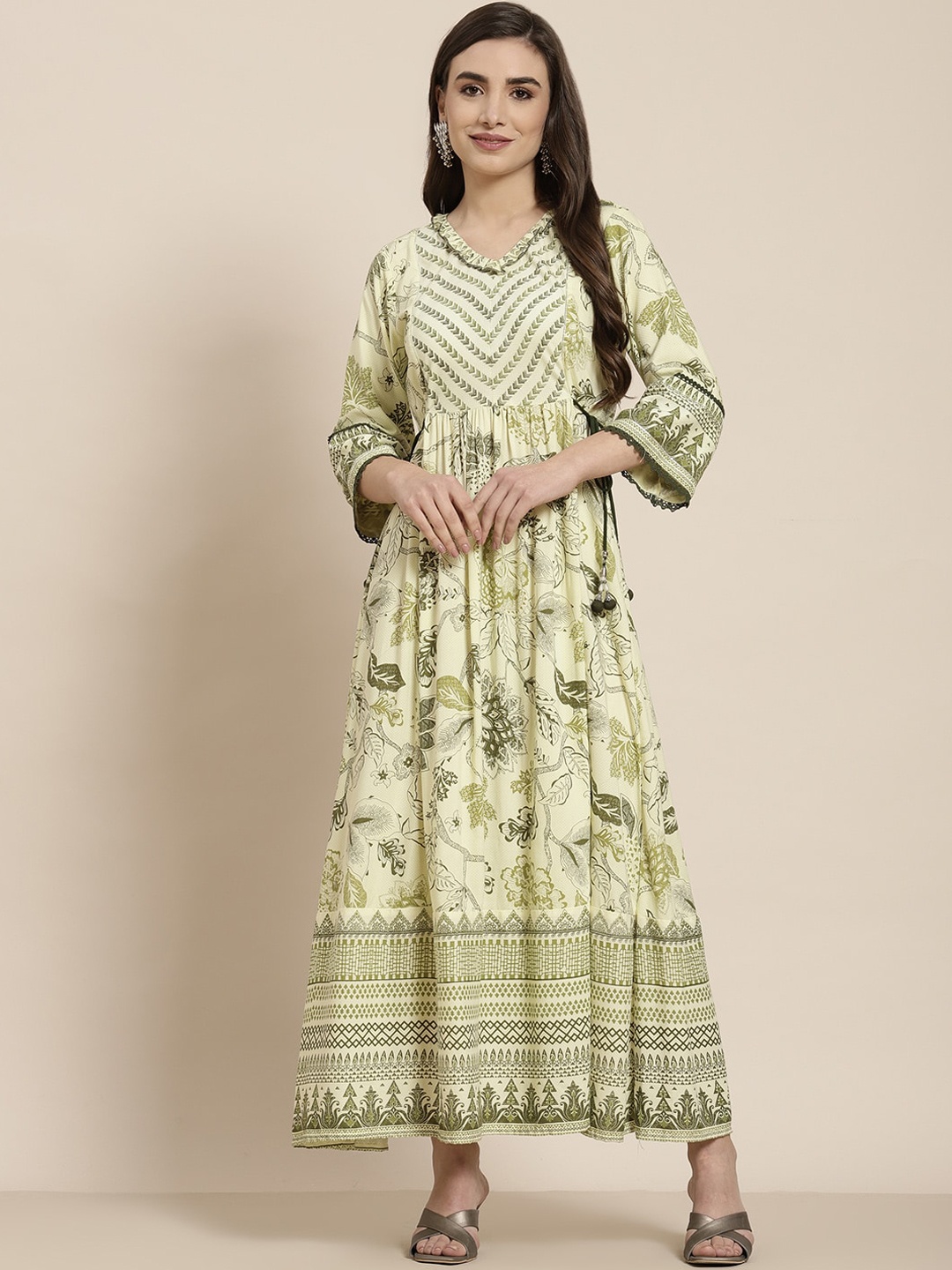 

Juniper Women Olive Green Floral Printed Flared Sleeves Anarkali Kurta