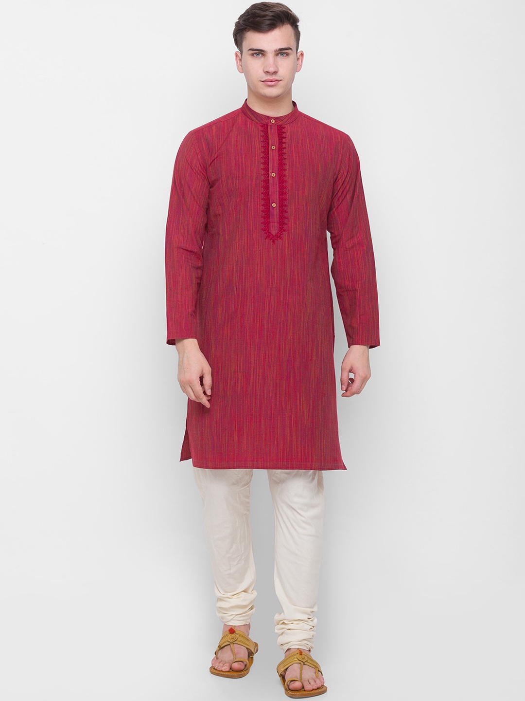 

Globus Men Coral Yoke Design Mandarin Collar Cotton Straight Kurta