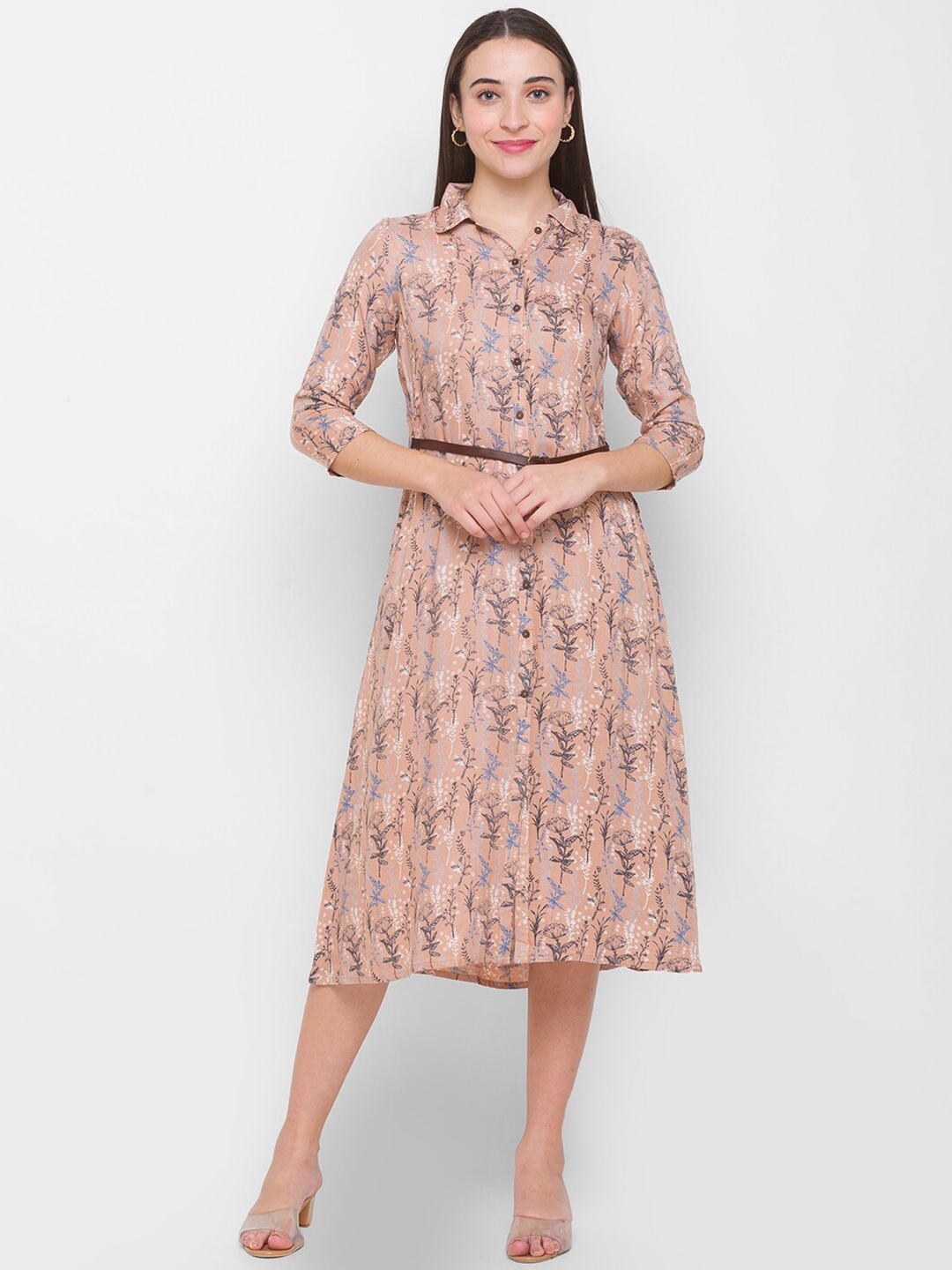 

Globus Women Pink Floral Printed Shirt Midi Dress