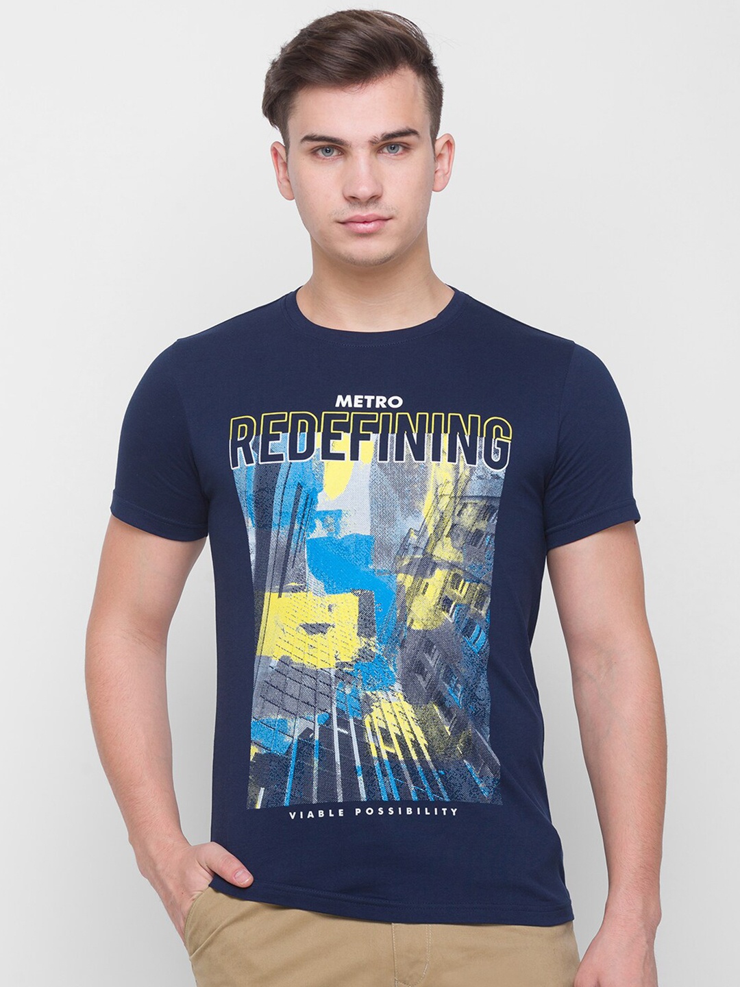 

Globus Men Navy Blue Printed Raw Edge Slim Fit T-shirt