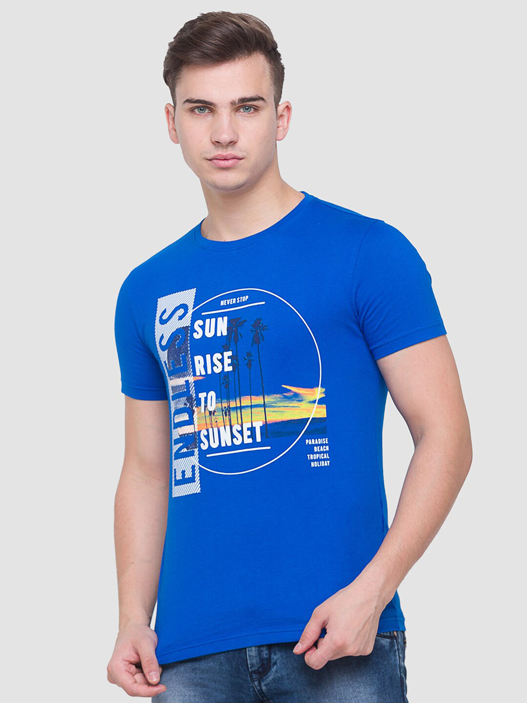 

Globus Men Blue Printed Slim Fit Cotton T-shirt