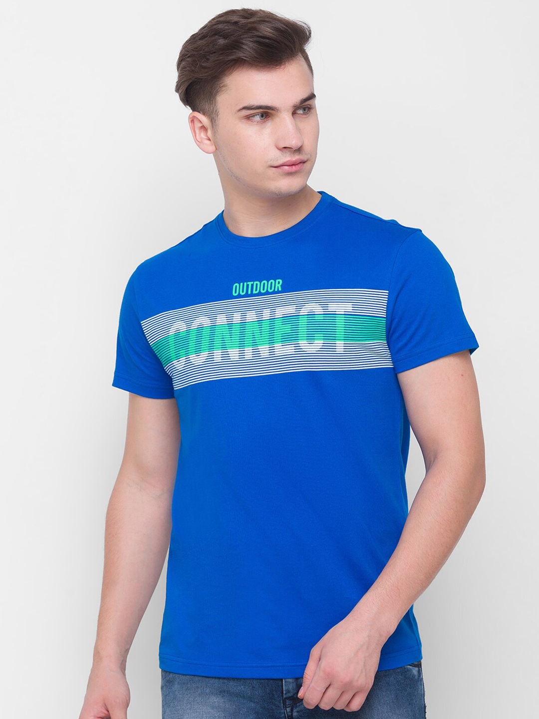 

Globus Men Blue & Green Typography Printed T-shirt