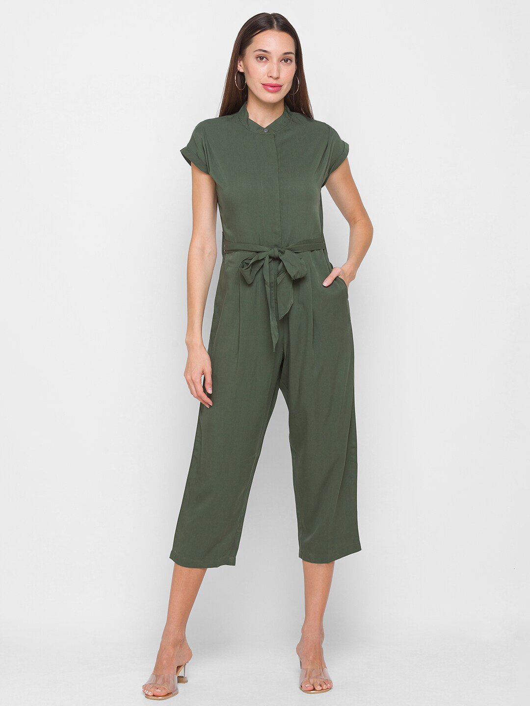 

Globus Women Olive Green Solid Capri Jumpsuit