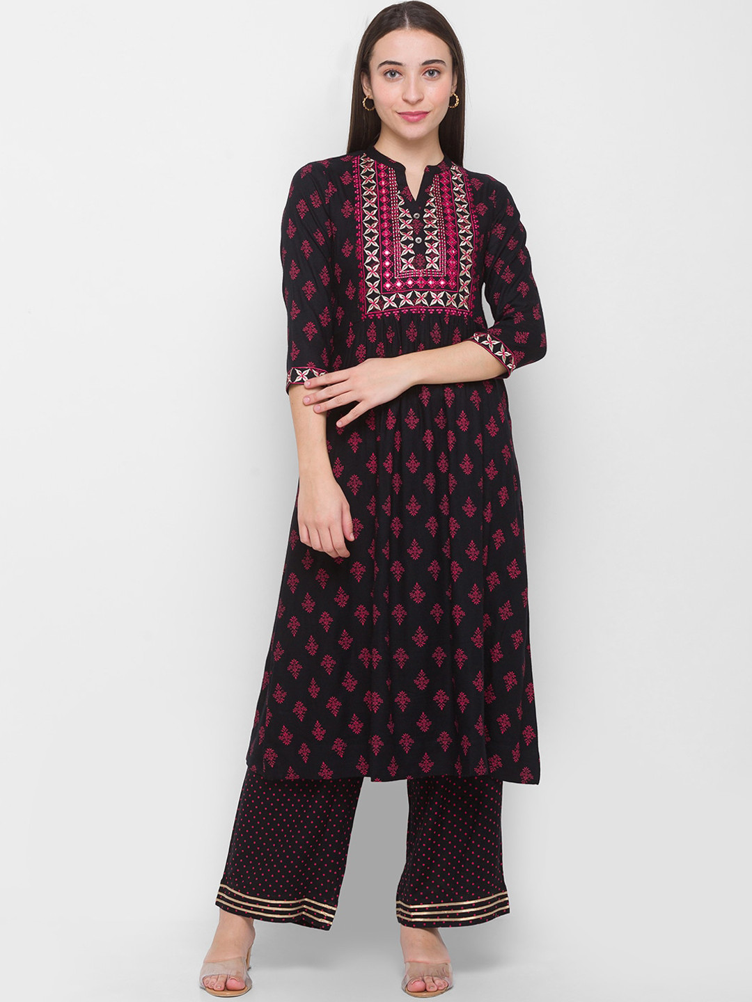 

Globus Women Black Ethnic Motifs Yoke Design Pleated Mirror Work Kurti with Palazzos