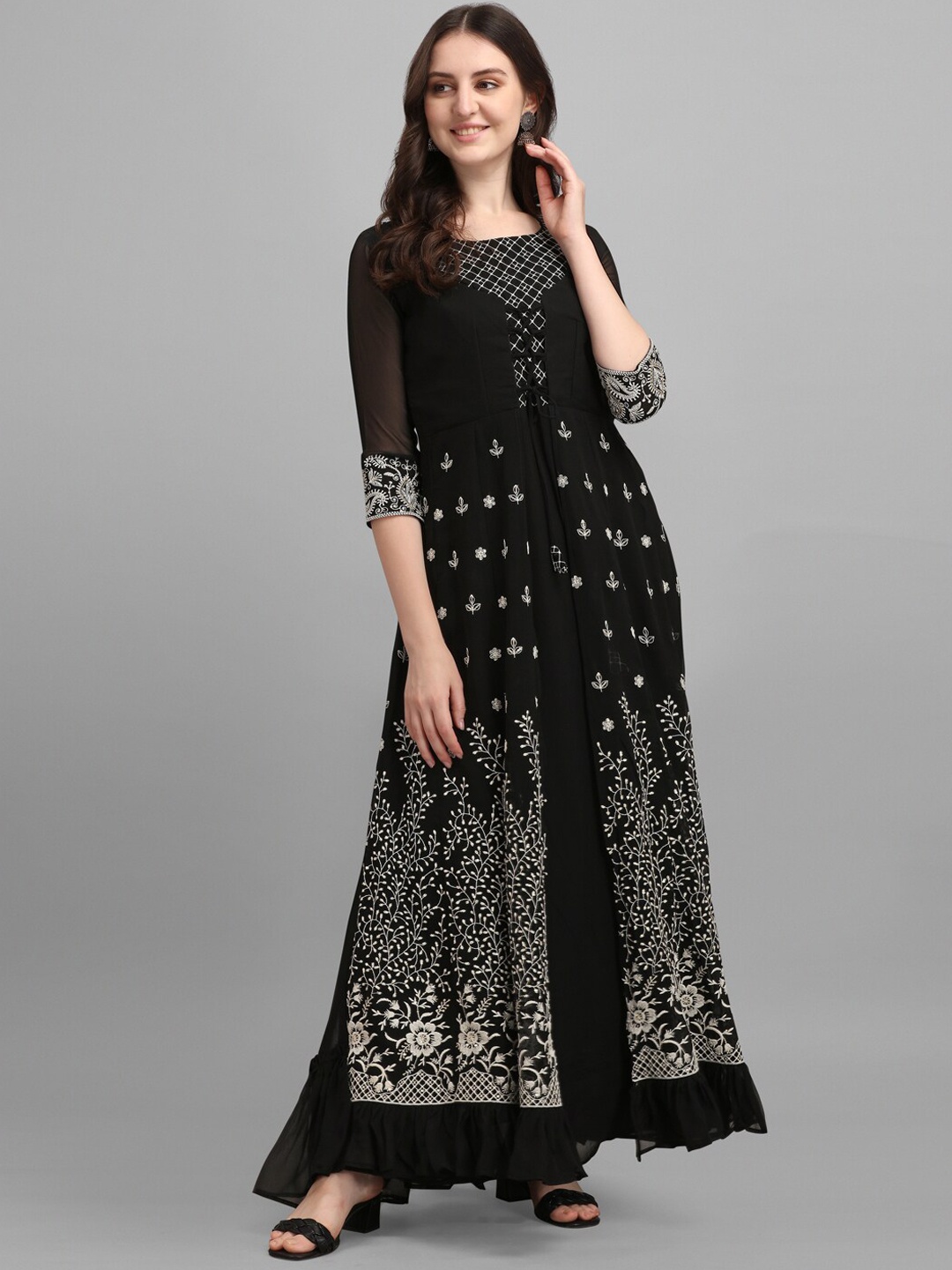 

heemara Women Black Ethnic Motifs Embroidered Layered Georgette Kurta