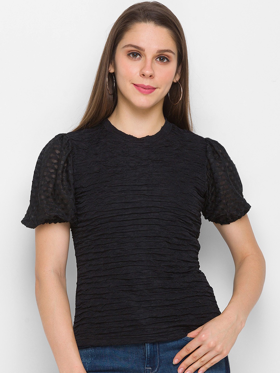 

Globus Women Black Self Design Round Neck Regular Top