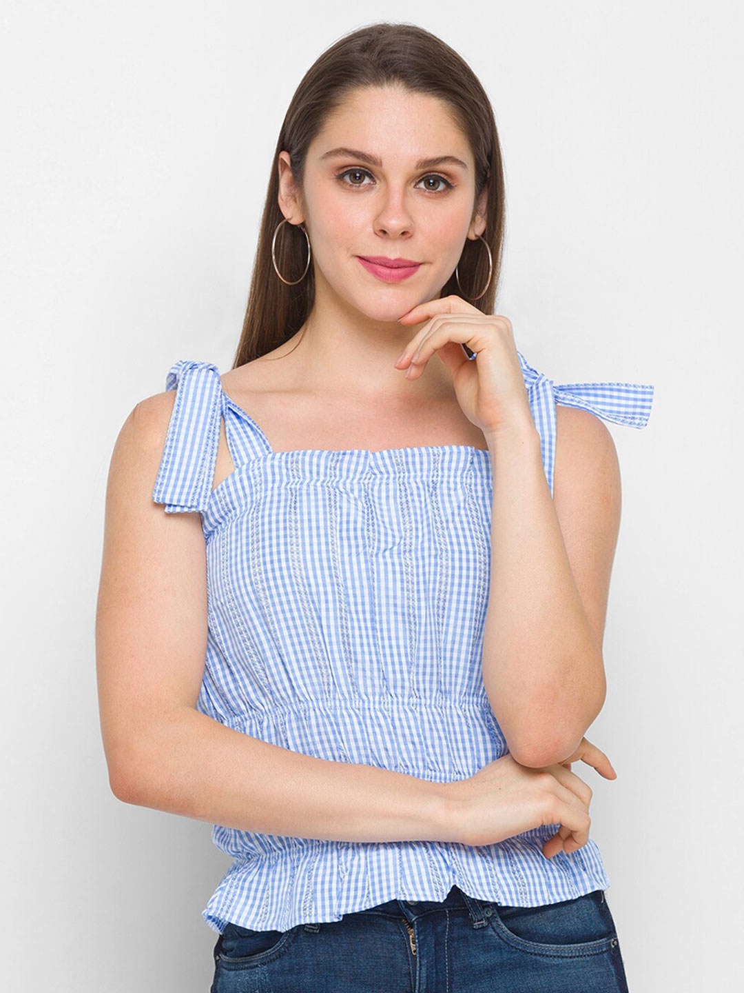 

Globus Blue & White Checked Cinched Waist Top