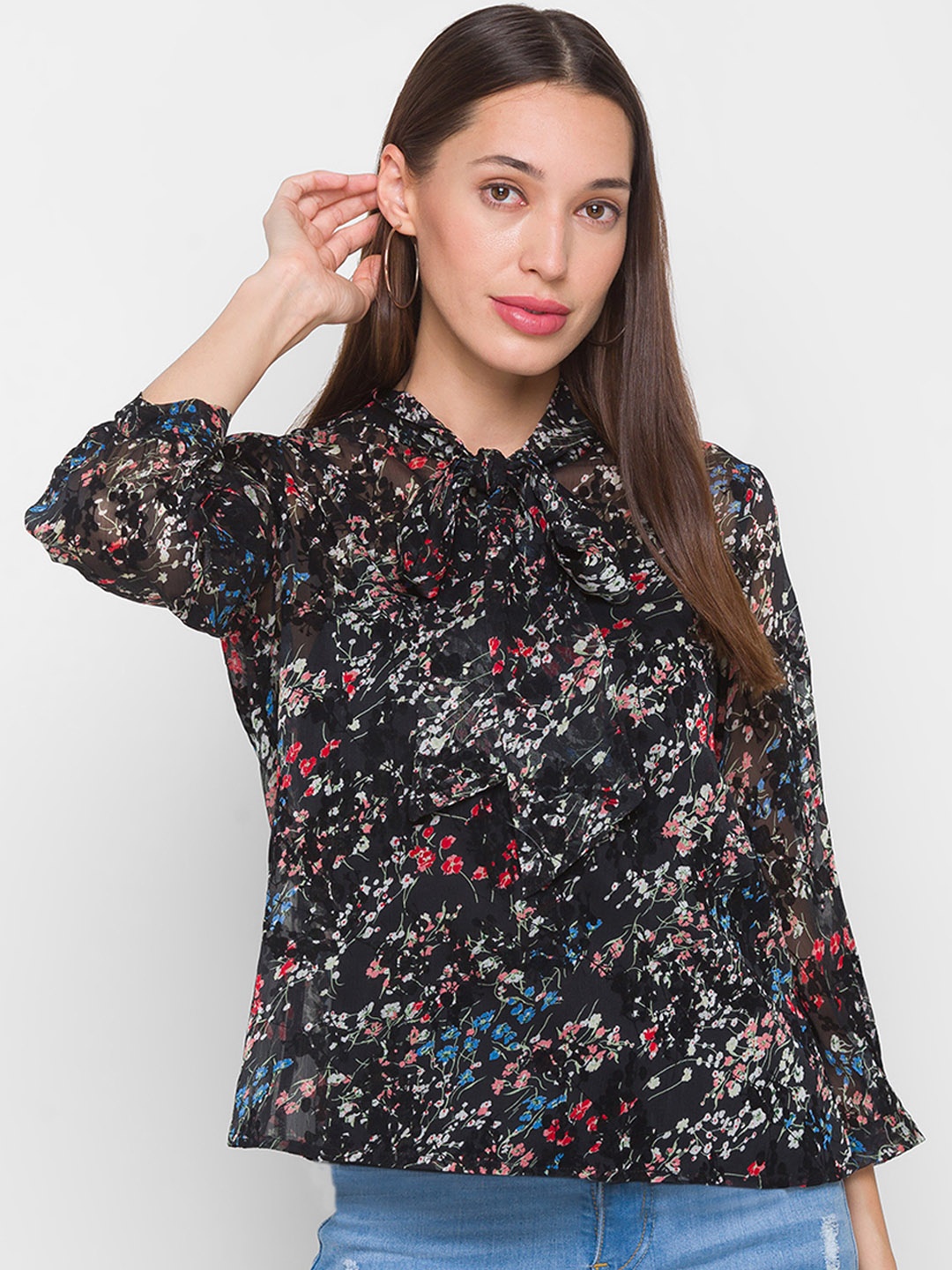 

Globus Women Black Floral Printed Tie-Up Neck Top