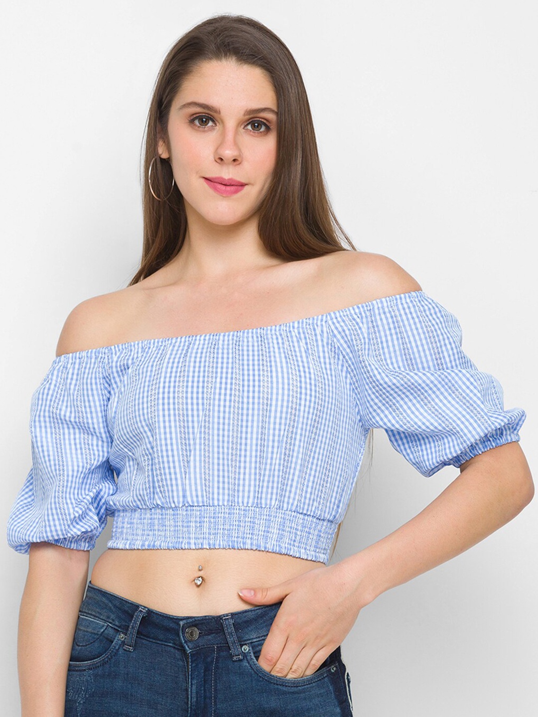 

Globus Women Blue Striped Off-Shoulder Bardot Crop Top