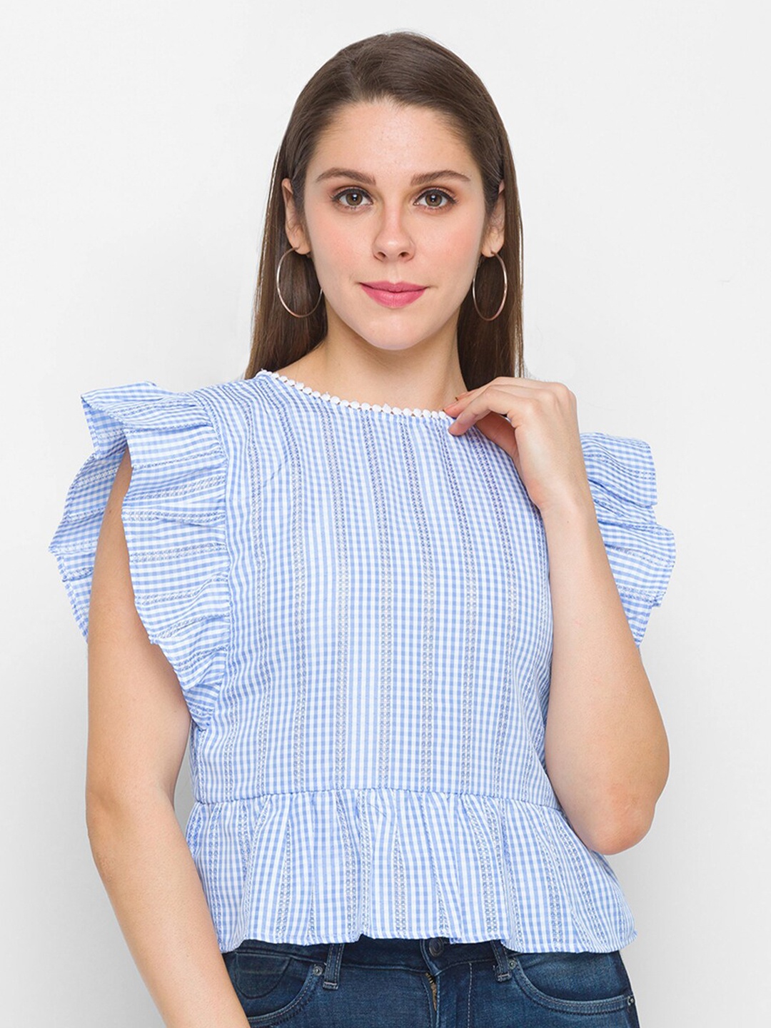 

Globus Women Blue Striped Ruffles Peplum Top