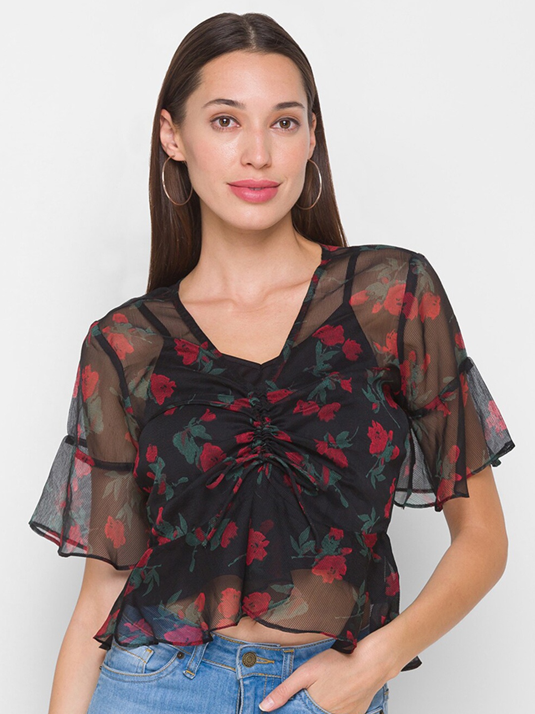 

Globus Women Black & Red Floral Print Crop Top
