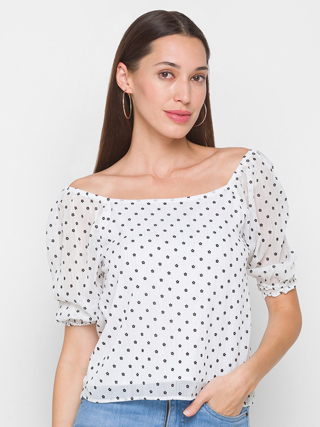

Globus White Polka Dot Printed Chiffon Top