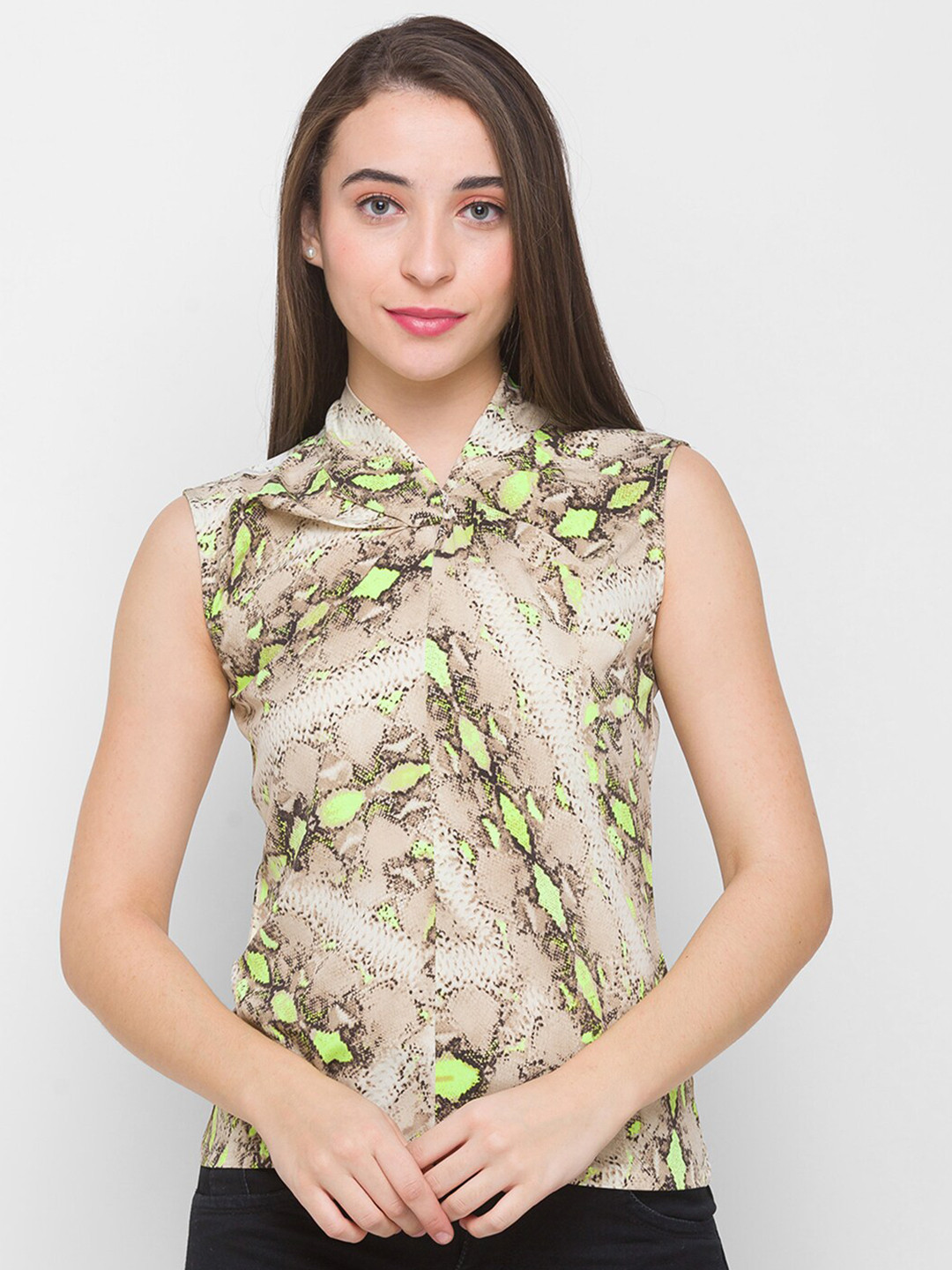 

Globus Beige & Yellow Animal Print Mandarin Collar Top
