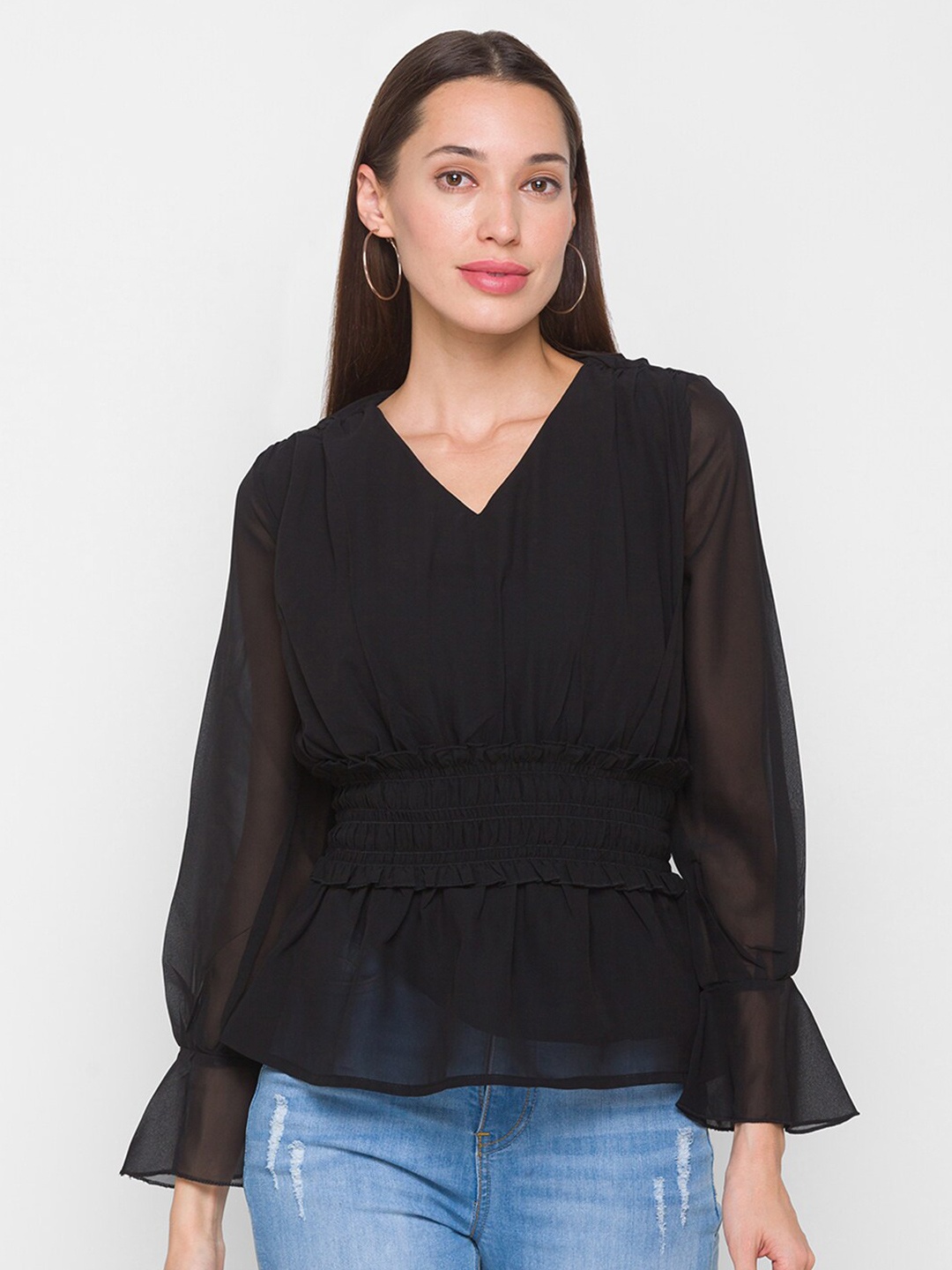 

Globus Women Black Smocked Georgette Cinched Waist Top