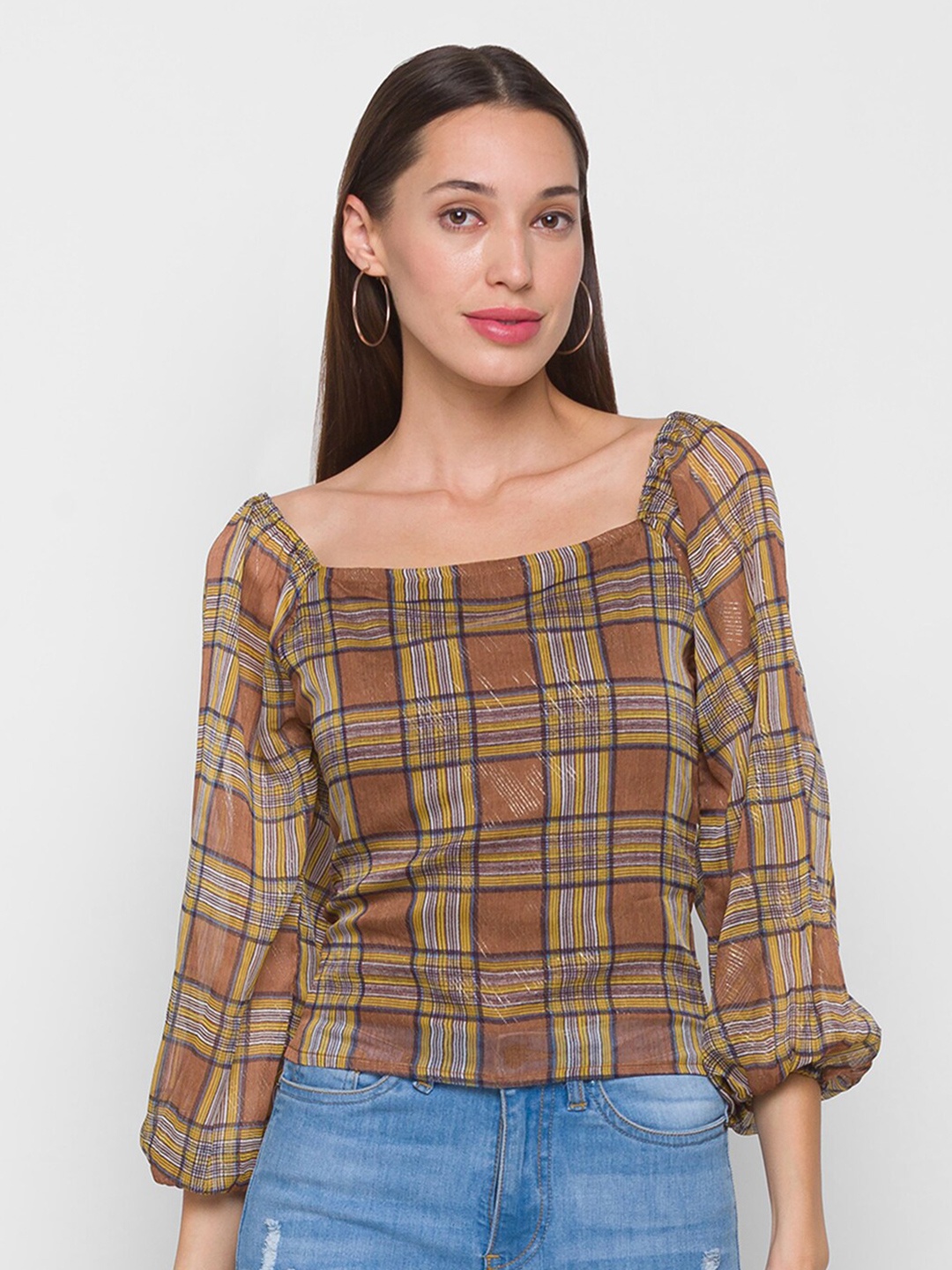 

Globus Beige & Yellow Checked Chiffon Top