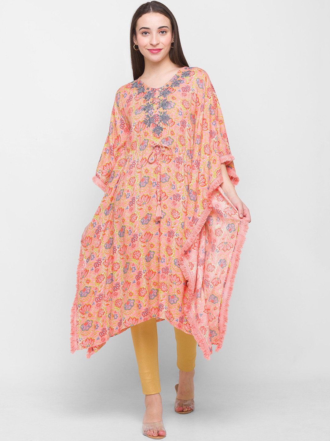 

Globus Women Peach-Coloured Floral Printed Flared Sleeves Thread Work Kaftan Kurta