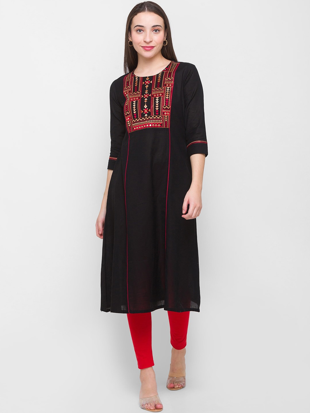 

Globus Women Black Geometric Yoke Design Thread Work Cotton Kurta
