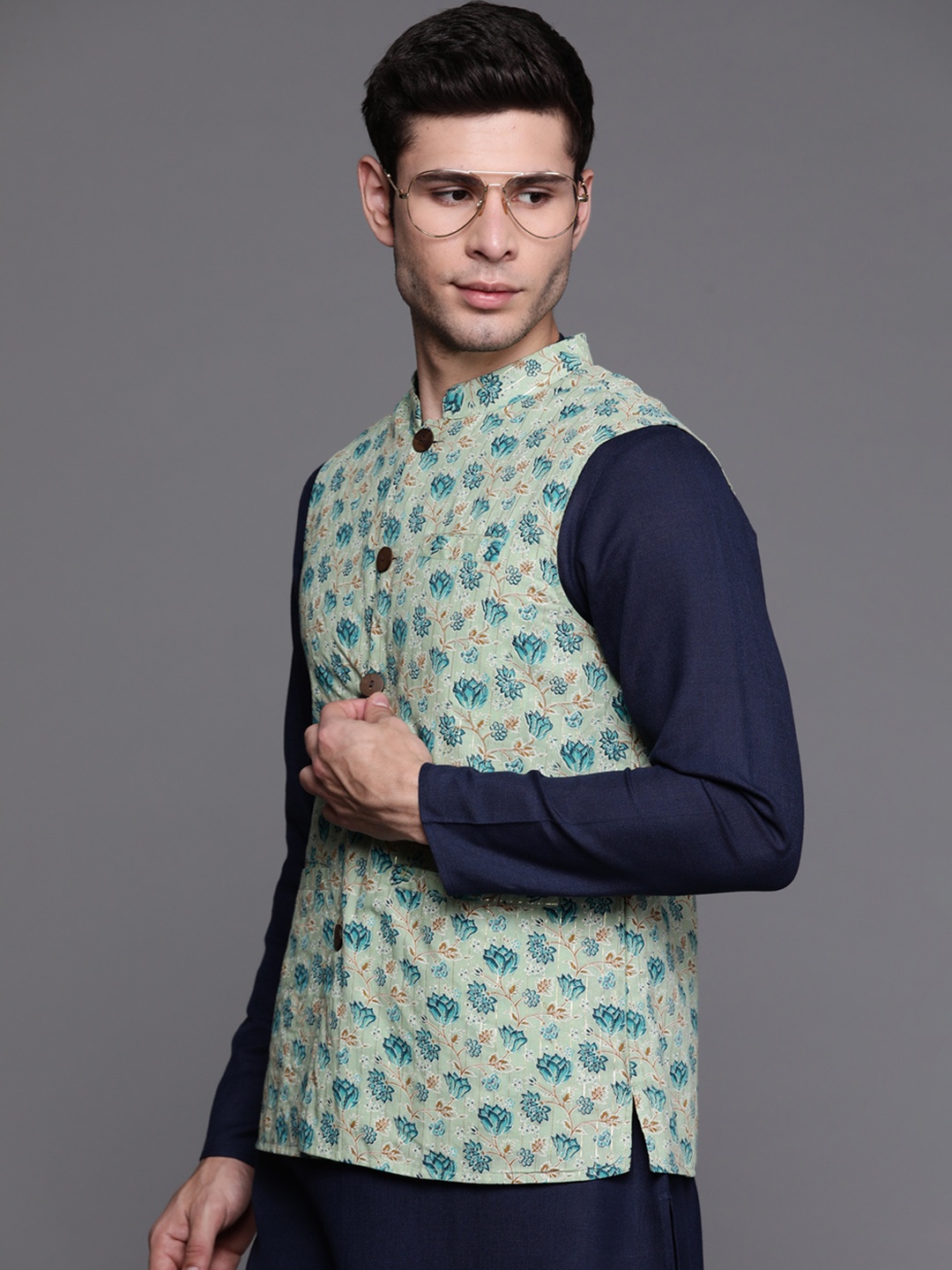 

Indo Era Men Sea Green Floral Printed Ethnic Nehru Jacket