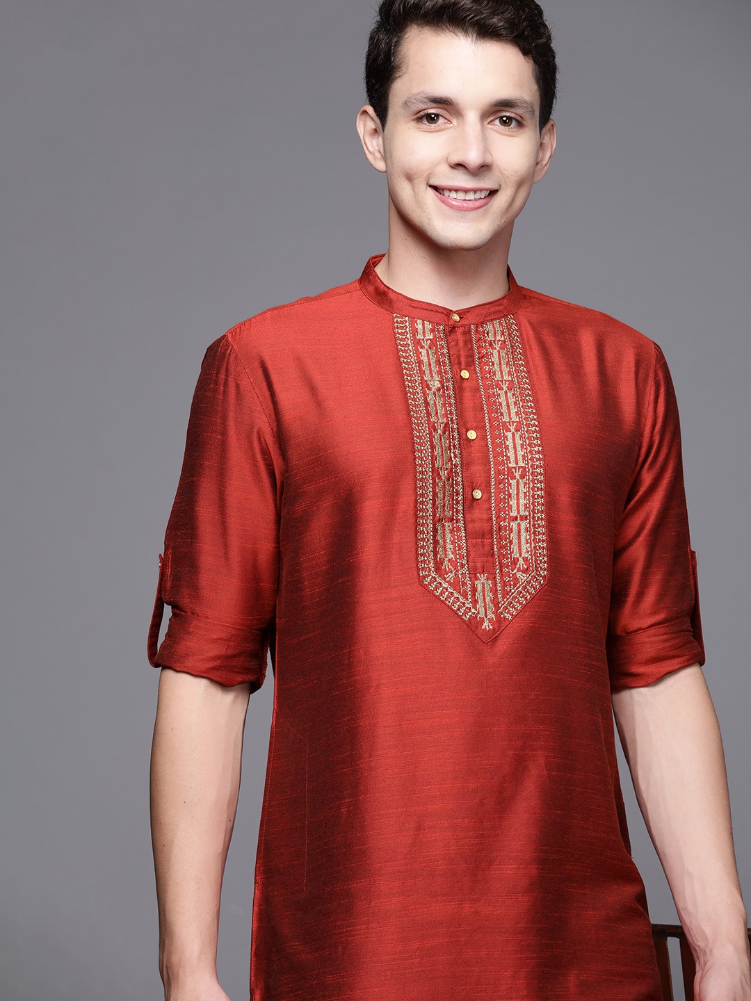 

Indo Era Men Embroidered Yoke Design Chanderi Cotton Kurta, Orange