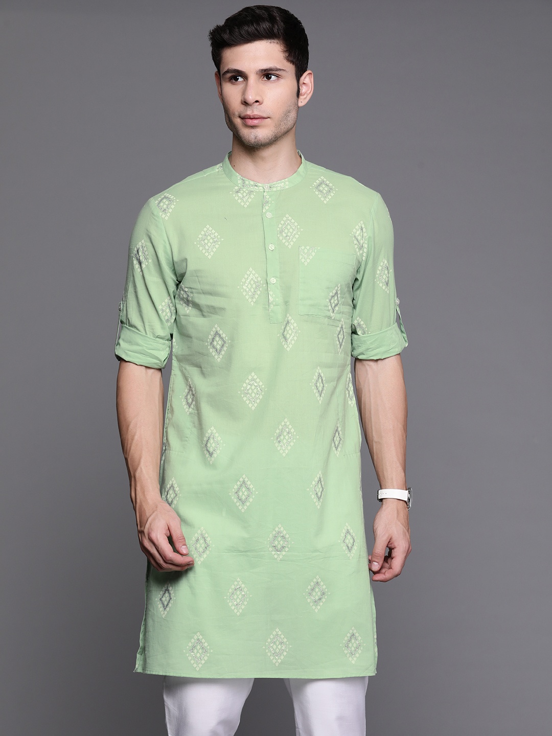 

Indo Era Men Green Ethnic Motifs Printed Pure Cotton Kurta