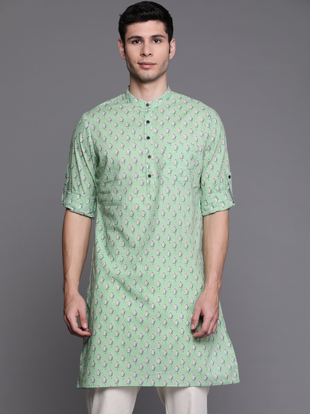 

Indo Era Men Green Ethnic Motifs Printed Pure Cotton Kurta