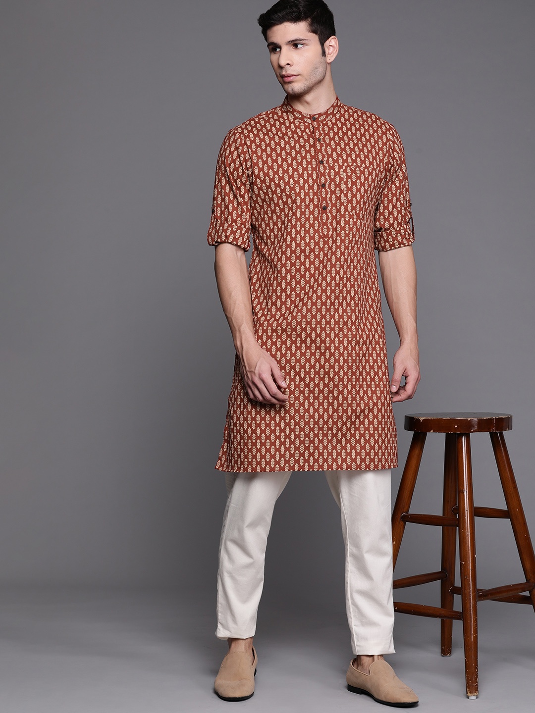 

Indo Era Men Rust Brown & Beige Ethnic Motifs Printed Pure Cotton Kurta