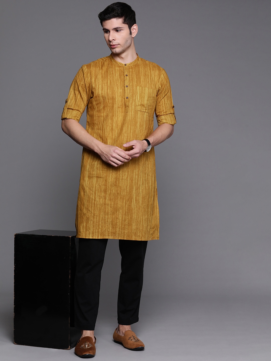 

Indo Era Men Mustard Yellow Striped Pure Cotton Kurta