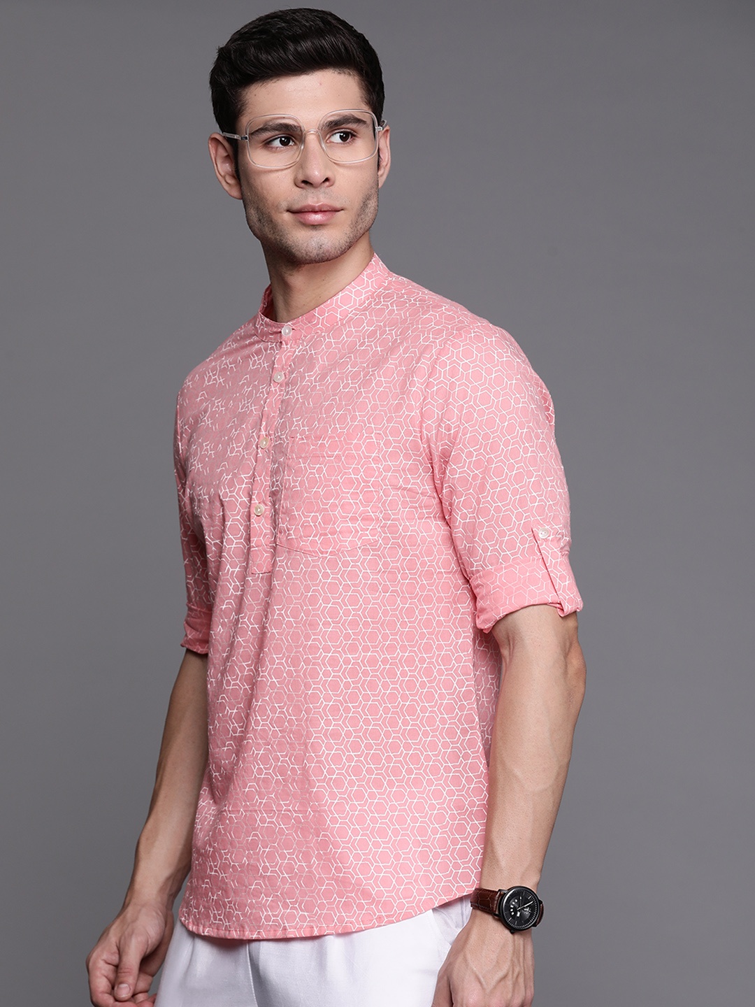 

Indo Era Men Pink Geometric Printed Pure Cotton Kurta