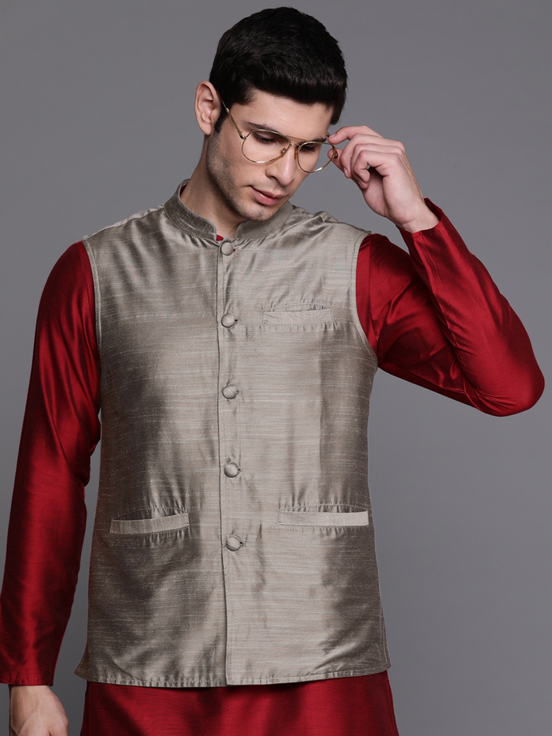 

Indo Era Men Grey Solid Ethnic Nehru Jackets