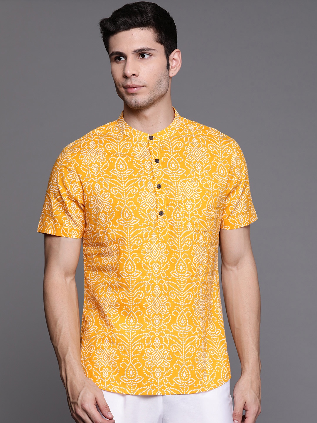 

Indo Era Men Yellow & White Bandhani Printed Pure Cotton Kurta
