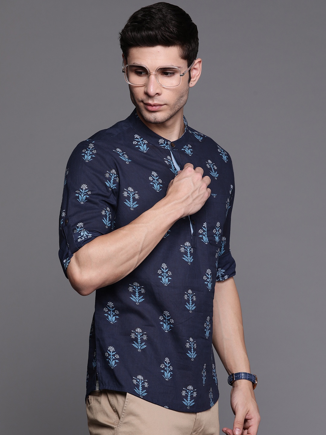 

Indo Era Men Navy Blue Ethnic Motifs Printed Pure Cotton Kurta