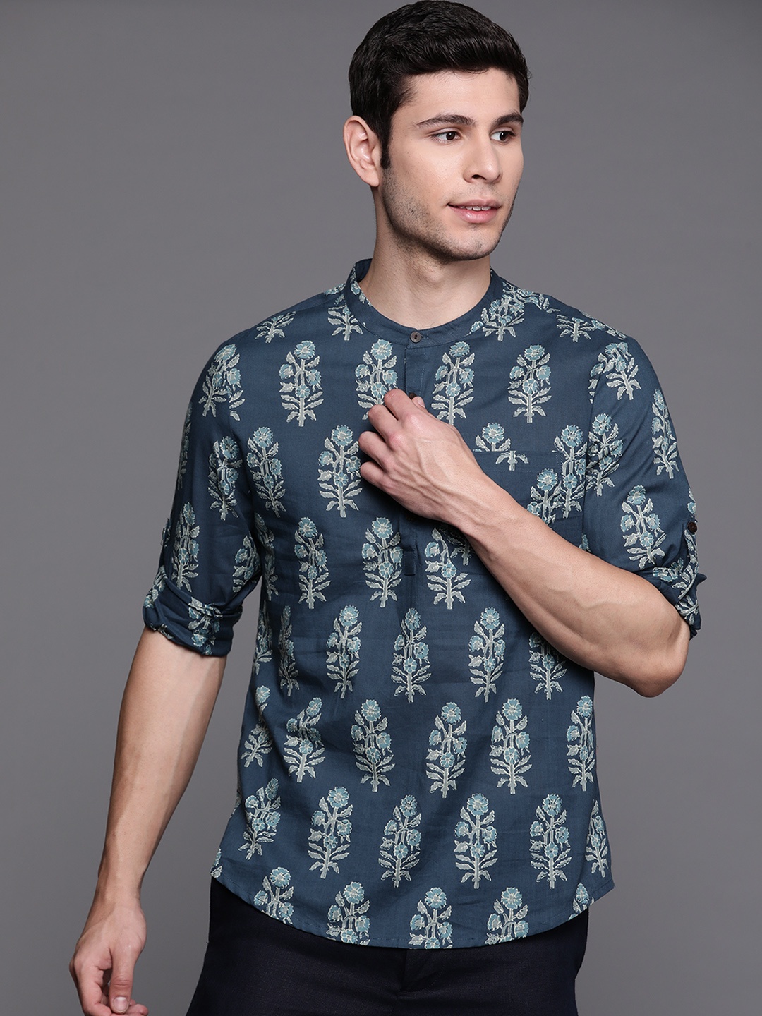 

Indo Era Men Navy Blue Ethnic Motifs Printed Pure Cotton Kurta