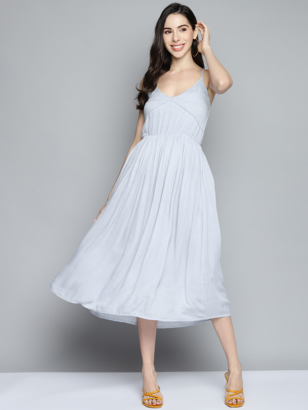 

SCOUP Women Blue Solid Embroidered Detail A-Line Midi Slip Dress