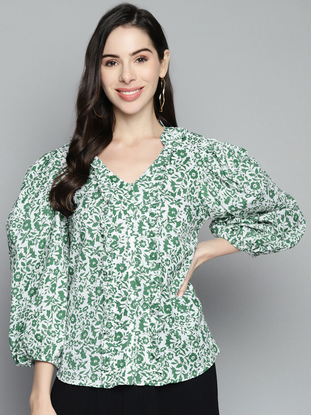 

SCOUP Women White & Green Pure Cotton Floral Print Mandarin Collar Ruffles Detail Top