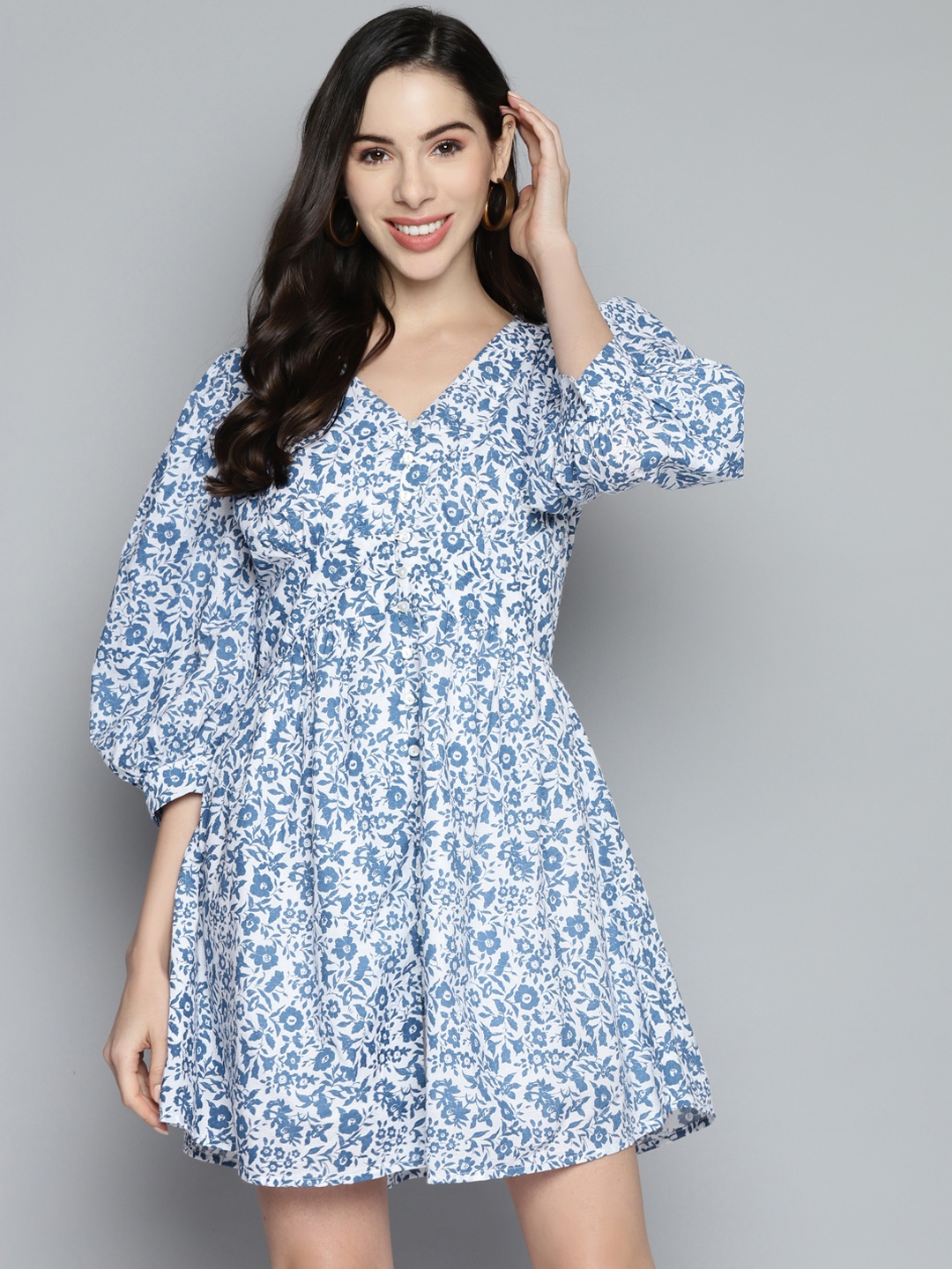 

SCOUP White & Blue Floral Pure Cotton Empire Dress