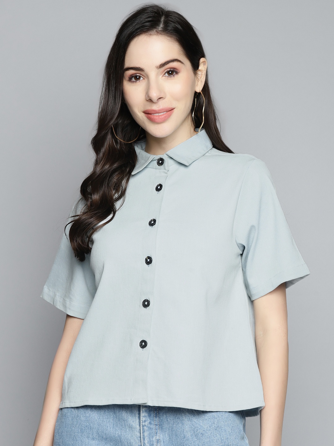 

SCOUP Women Blue Solid Denim Cotton Casual Shirt