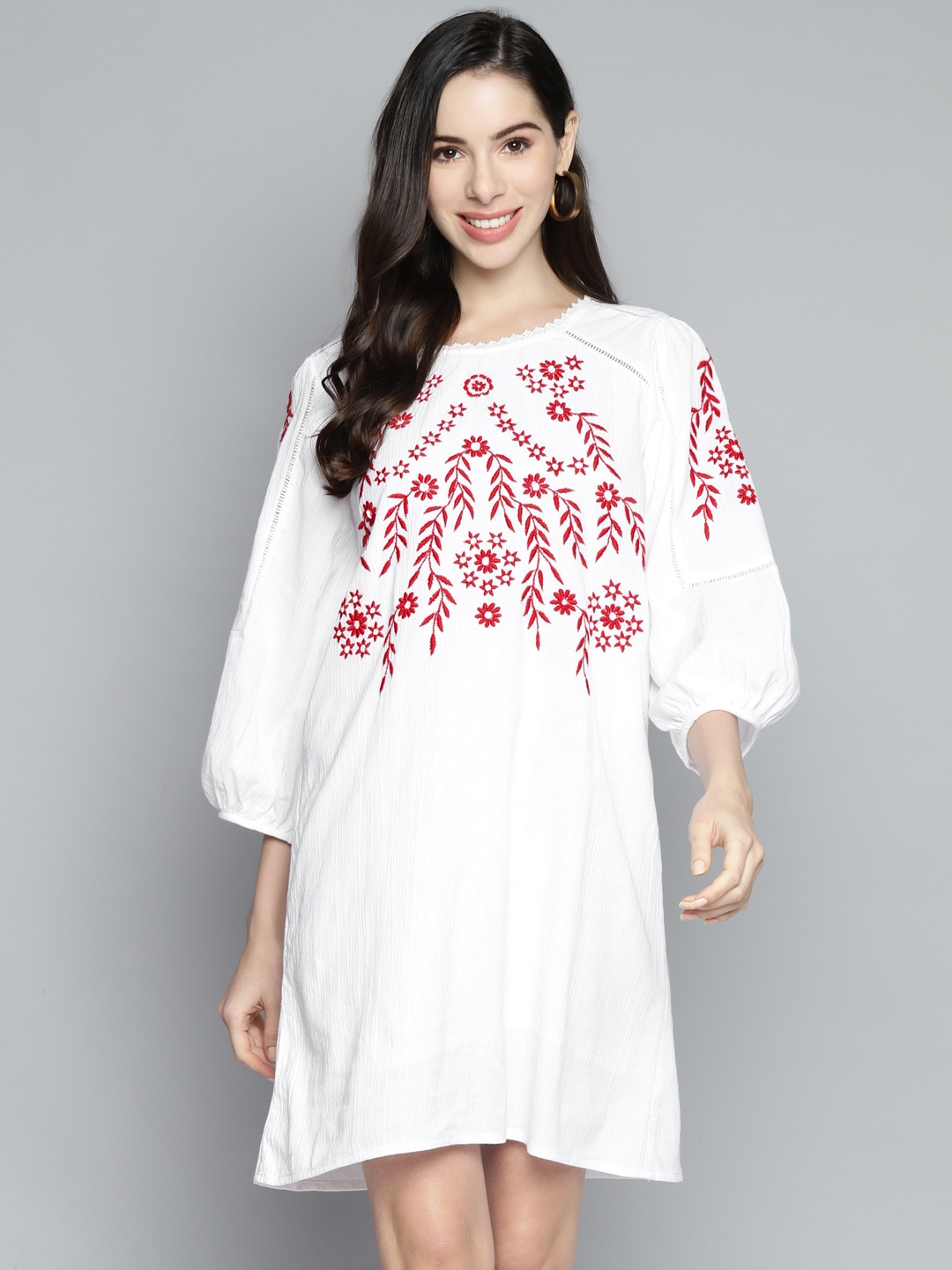 

SCOUP Women White & Red Pure Cotton Floral Embroidered A-Line Dress