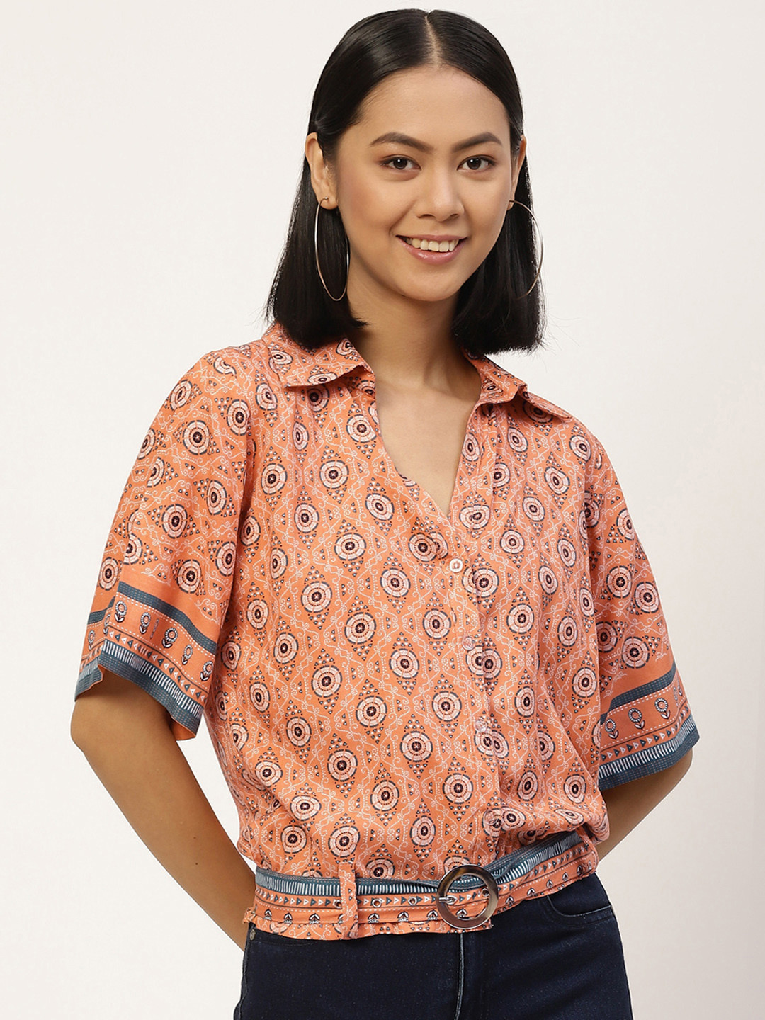 

Alsace Lorraine Paris Peach-Coloured & White Print Shirt Style Top