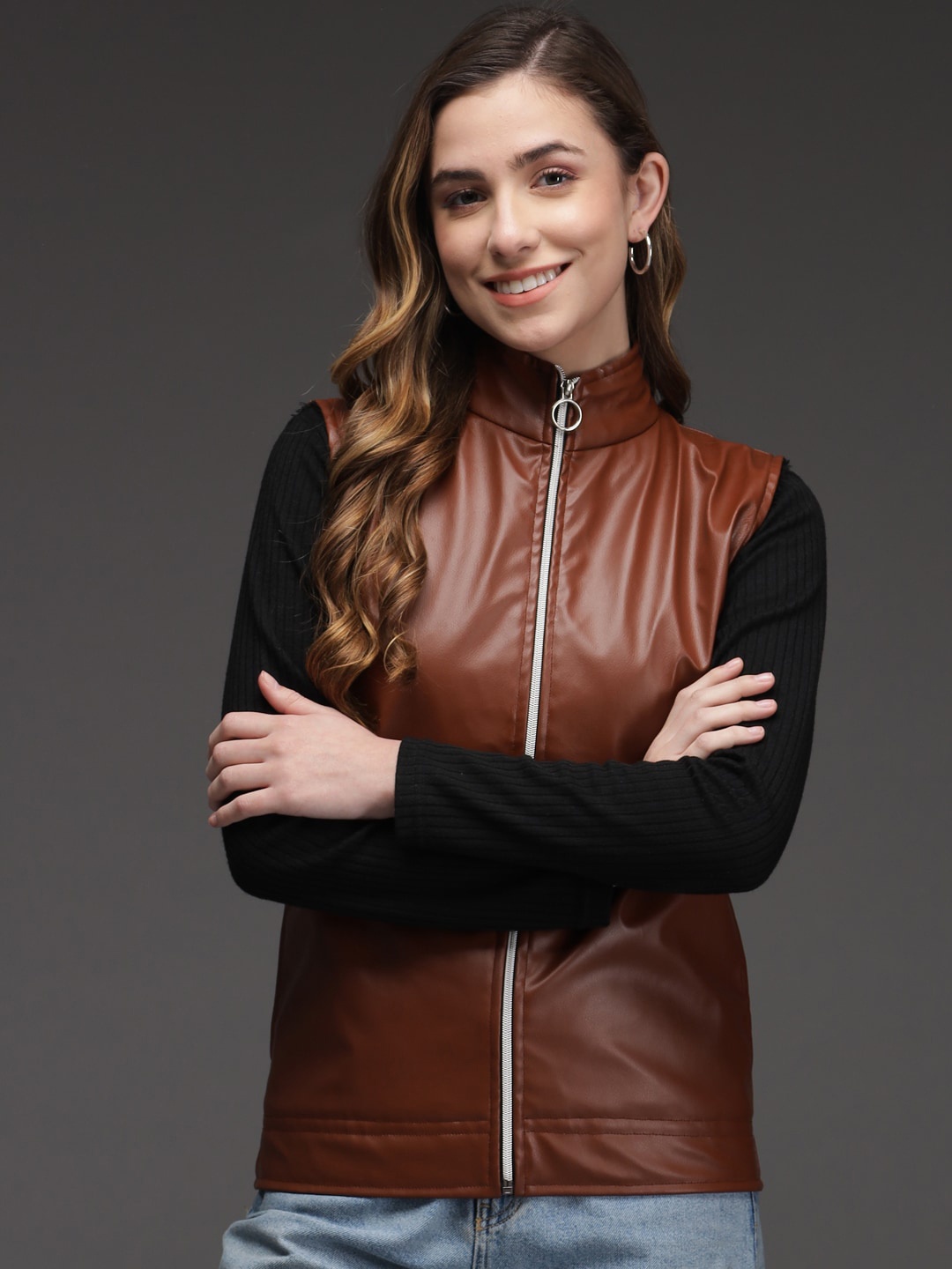 

Darzi Women Brown Leather Biker Jacket