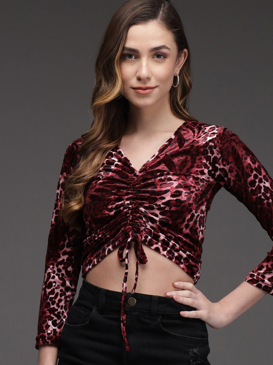 

Darzi Maroon & Black Animal Print Velvet Top